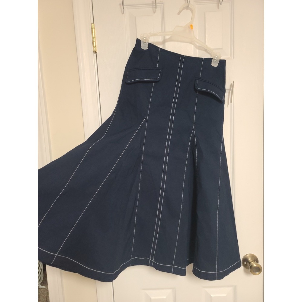 Maeve By Anthropologie Navy Blue Midi Skirt With White Stitching - Picture 2 of 15